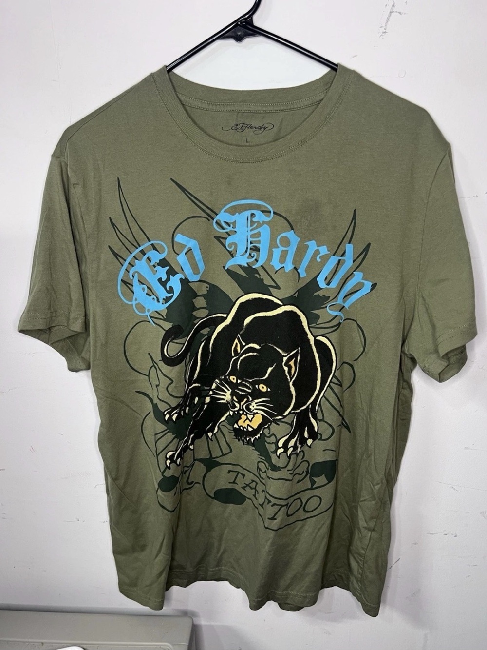 Ed Hardy Olive Green T-Shirt with Black Panther and Light Blue Logo